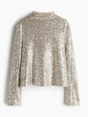 H&M Sequin Mock Neck Long-Sleeve Top - Silver BNWT
